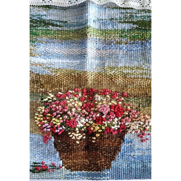 Vintage Tapestry Technique Needlepoint Panel Square Hand Woven Cottage 13*13 in - Picture 3 of 8
